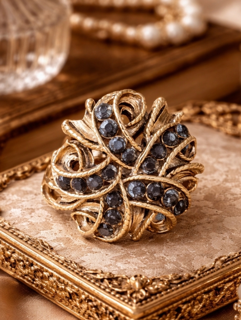 Vintage 80s Runway Baroque Gold Statement Ring Black Glass Stone Bold Adjustable